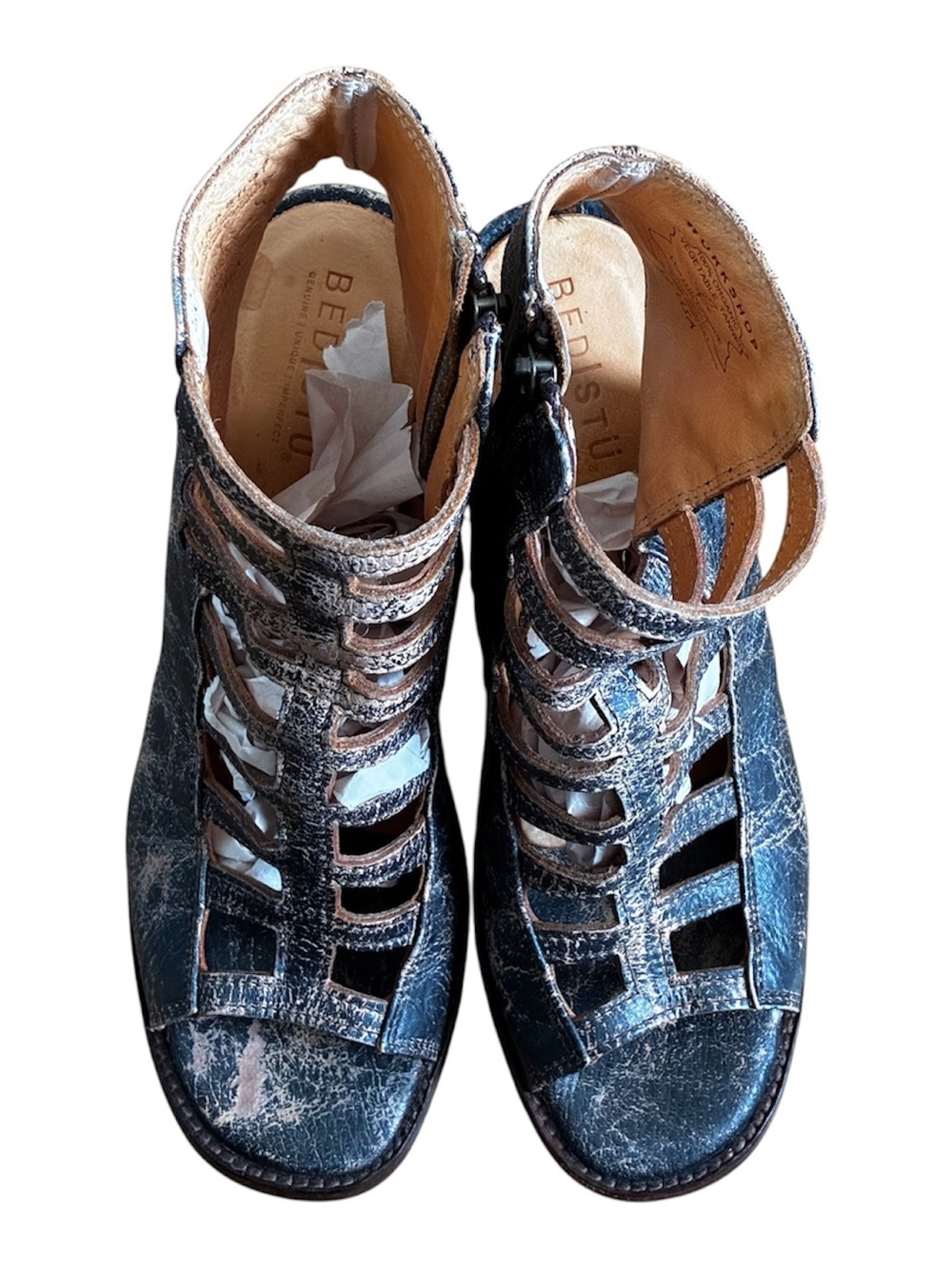 BED|STU Occam Caged Distressed Blue/Black & Tan Cutout Leather Sandals